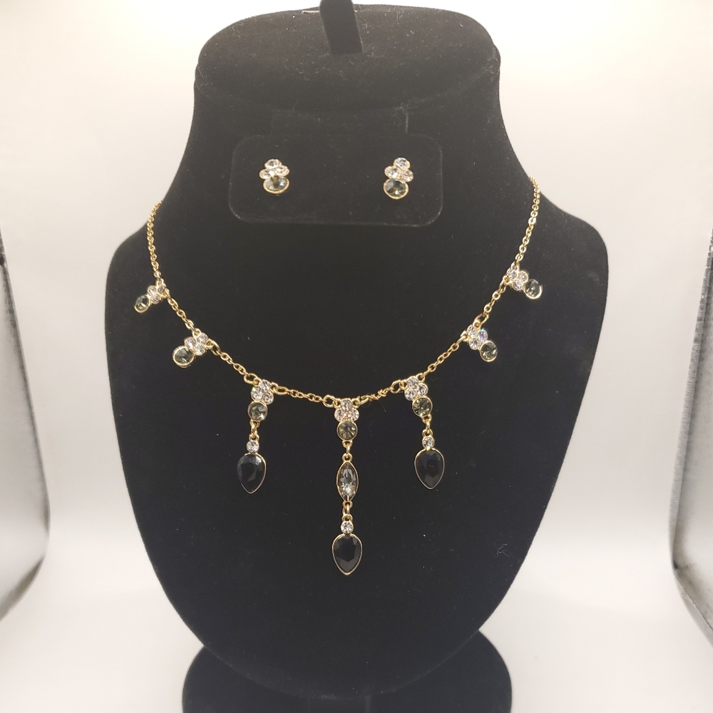 Silver tone necklace with black and cz gems